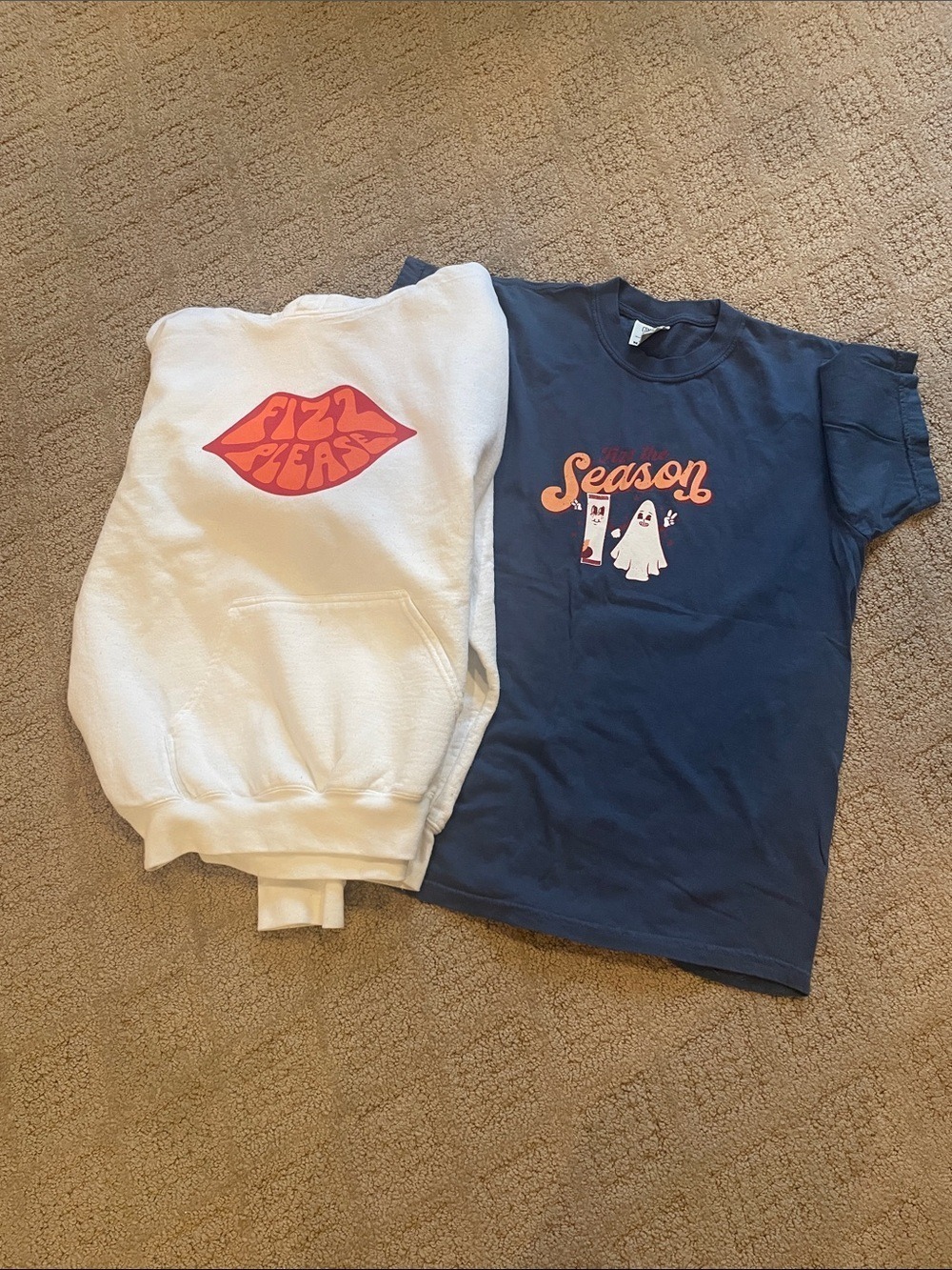 Comfort Colors White Hoodie with Pink Graphic & Navy Tee with Orange Print